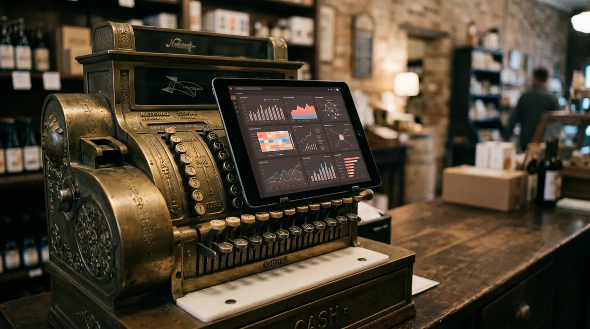 A close-up of a vintage cash register with a modern tablet displaying a complex data visualization superimposed on its screen, blending old and new business tools.