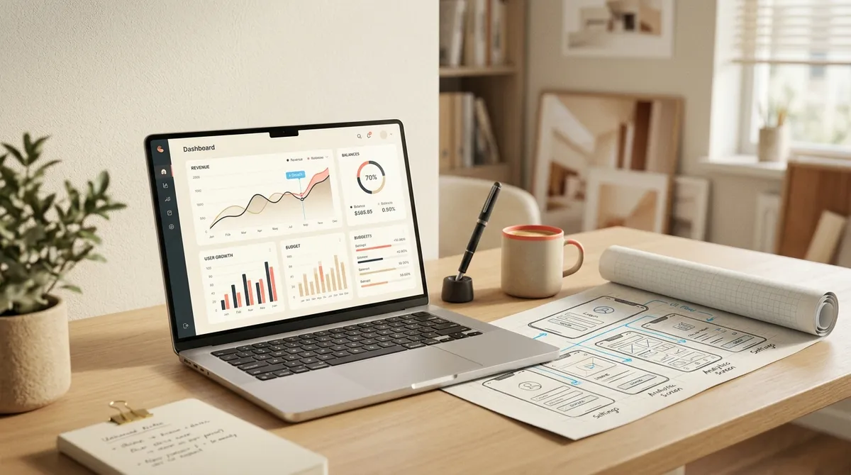 A clean, professional workspace with a laptop showing a balanced financial dashboard and a blueprint of a mobile app, symbolizing the intersection of fiscal responsibility and technical innovation.