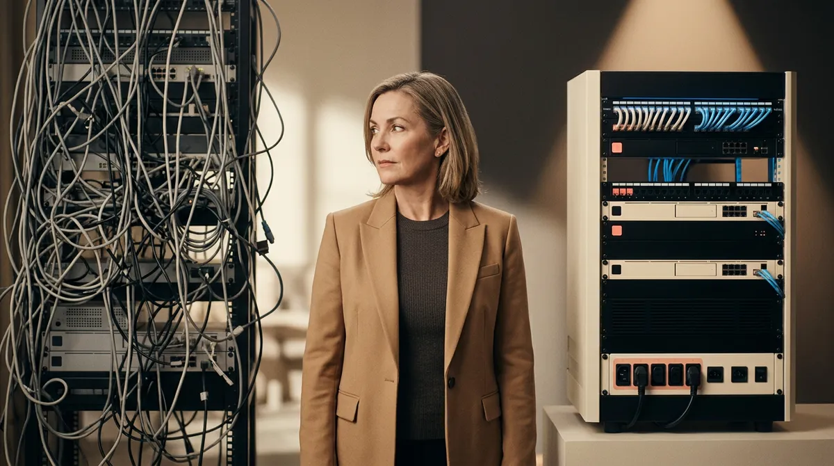 A cinematic photo of a business owner looking at a complex, tangled web of wires and connectors on one side, and a clean, custom-built system on the other, representing the 'buy' vs 'build' dilemma.