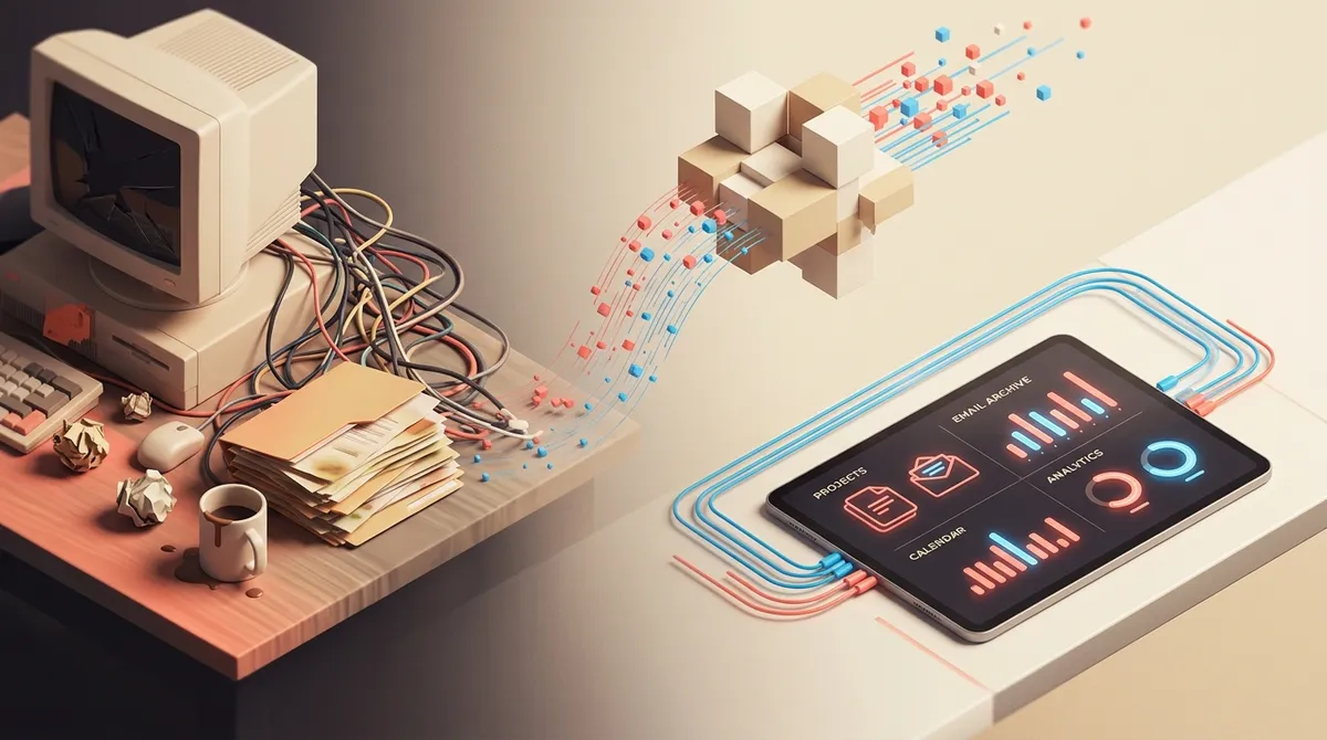 A clean, professional 3D isometric illustration of a messy desk with tangled wires transforming into a sleek, organized digital dashboard on a tablet.