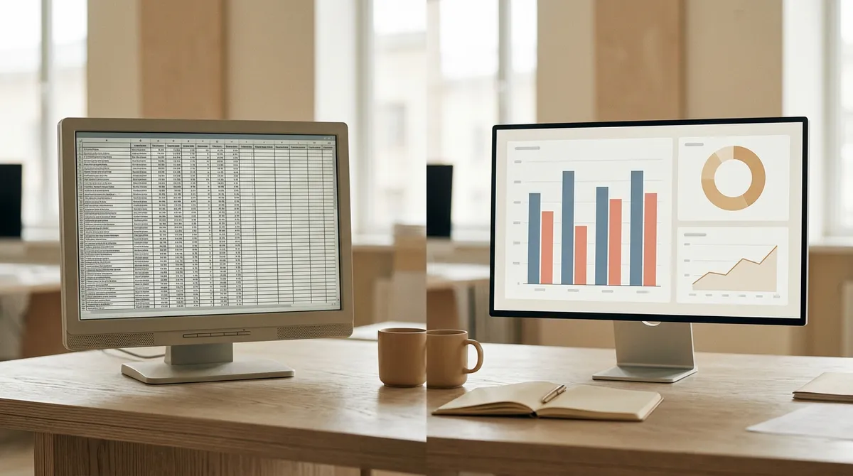 A split image: one side shows a cluttered, complex spreadsheet on a monitor, the other shows a clean, intuitive data dashboard with charts and graphs on a different monitor. Both are on a modern office desk.