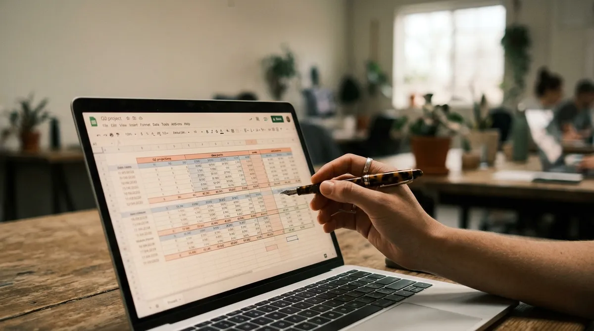 A detailed close-up of a complex spreadsheet on a laptop screen, showing rows of numbers and formulas, with a hand holding a pen hovering over it. The background is a slightly out-of-focus office environment.