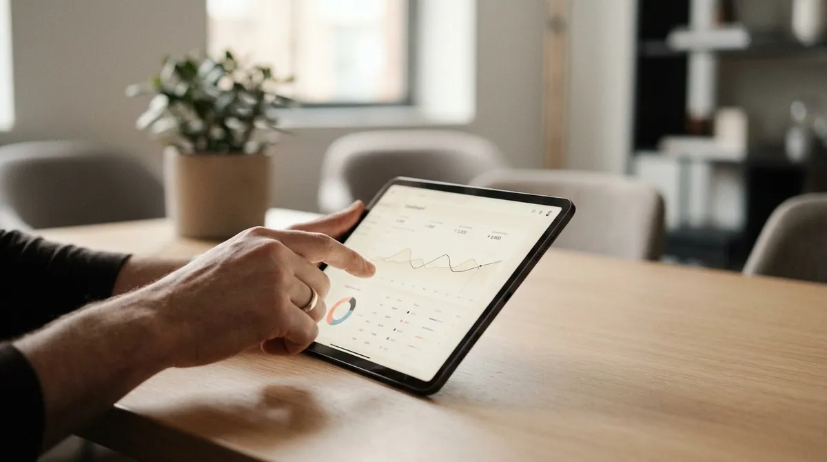 A close-up of a hand interacting with a tablet displaying a simple, clean dashboard interface, with a blurred office background.