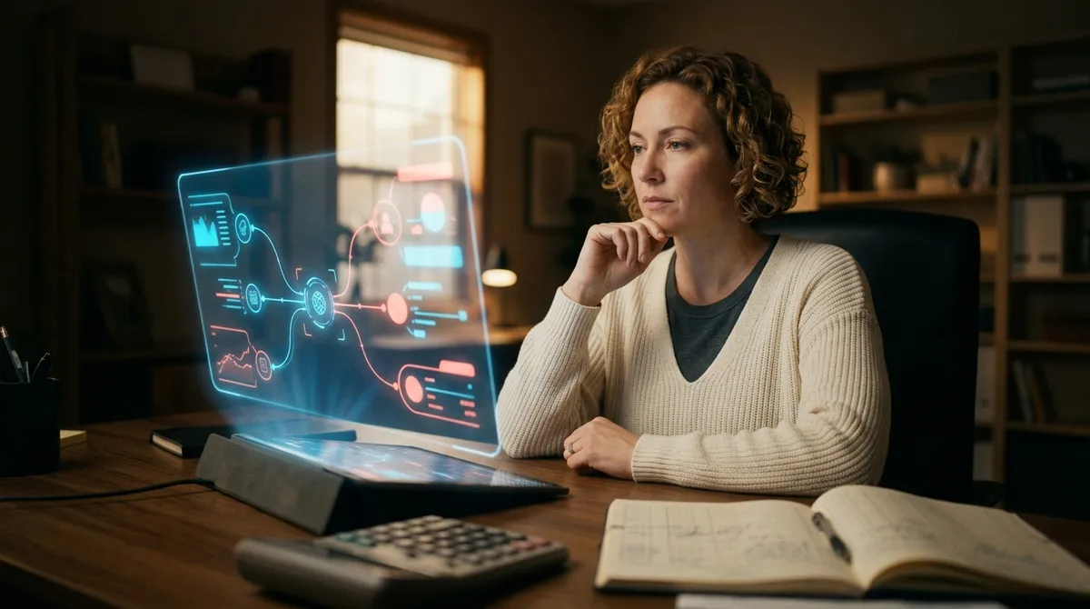 A cinematic photo of a small business owner looking thoughtfully at a complex, glowing digital interface, representing AI, with a calculator and ledger on a desk in the foreground, suggesting practical financial considerations.