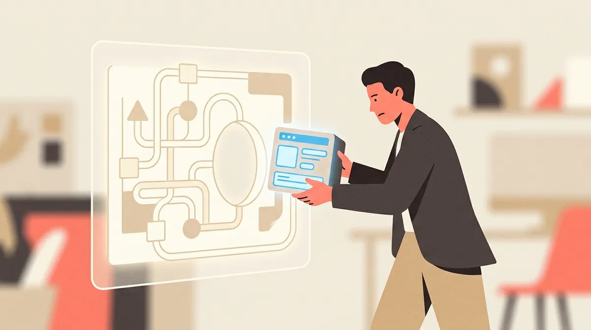 A sleek, minimalist digital illustration of a business owner trying to fit a square peg into a round hole, where the peg is a generic low-code interface and the hole is a complex business workflow.
