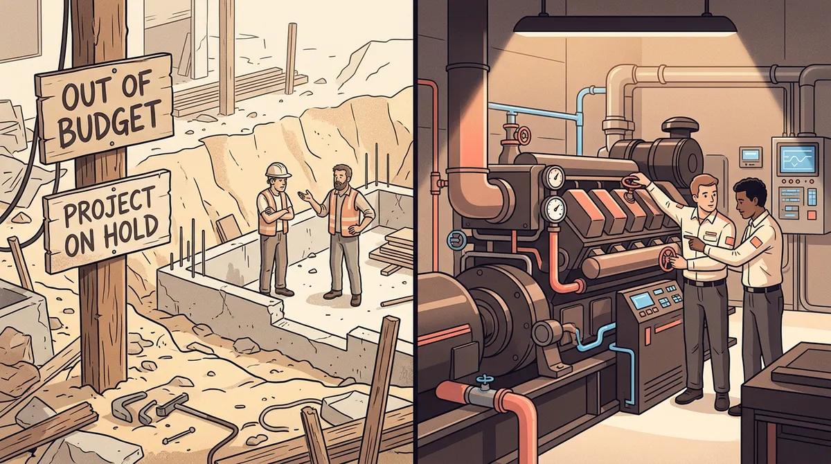 A clean, professional split-screen illustration. On the left, a chaotic construction site with 'Out of Budget' signs. On the right, a sleek, humming engine room with a dedicated crew maintaining peak performance.