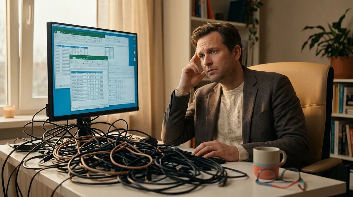 A cinematic photo of a business owner looking frustrated at a tangled web of cables and multiple open spreadsheets on a computer screen, representing complexity and inefficiency.