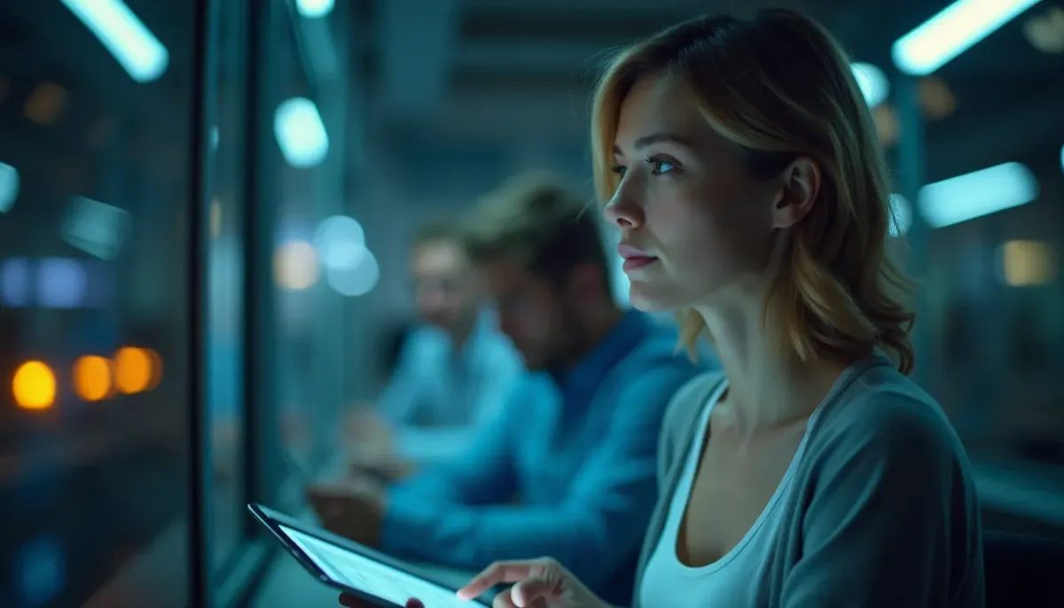 A high-contrast photograph of a craftsman's workbench where traditional hand tools are being organized into a high-tech, glowing digital grid, symbolizing the blend of soul and system.