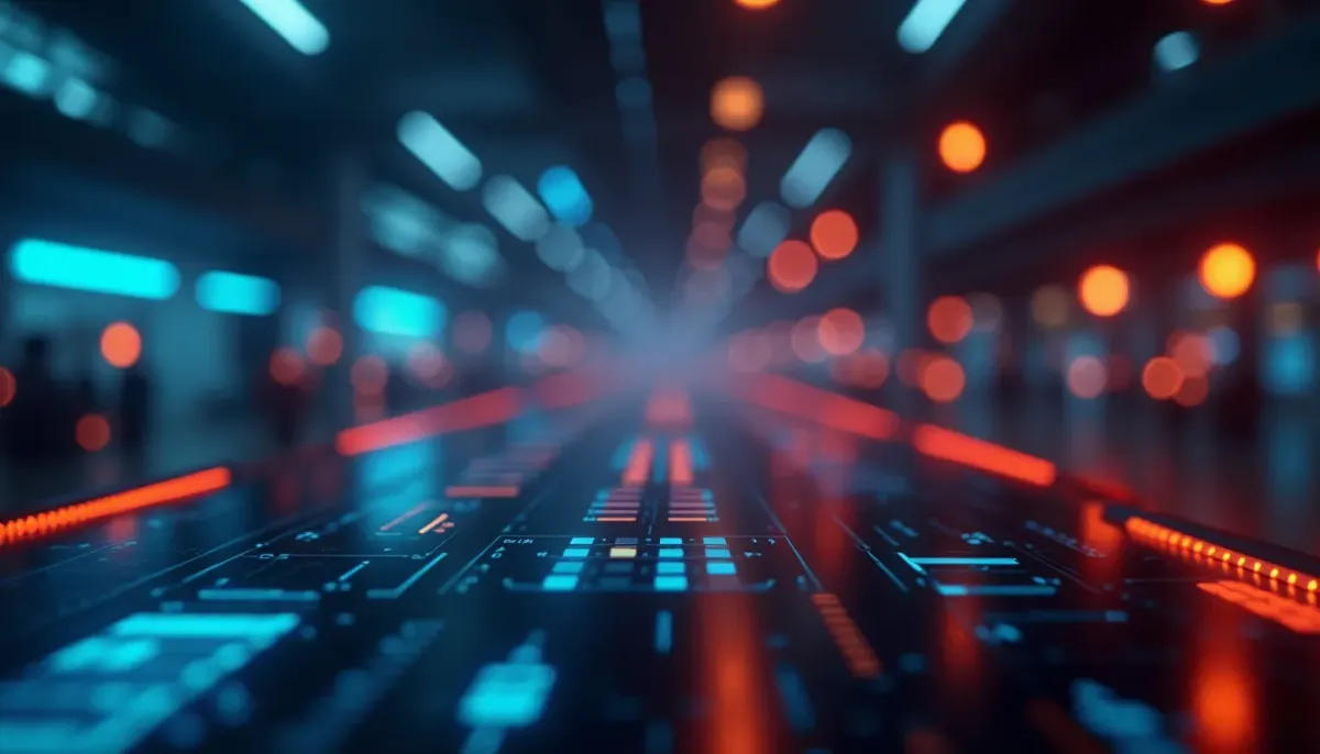 A wireframe blueprint overlaying a complex software interface