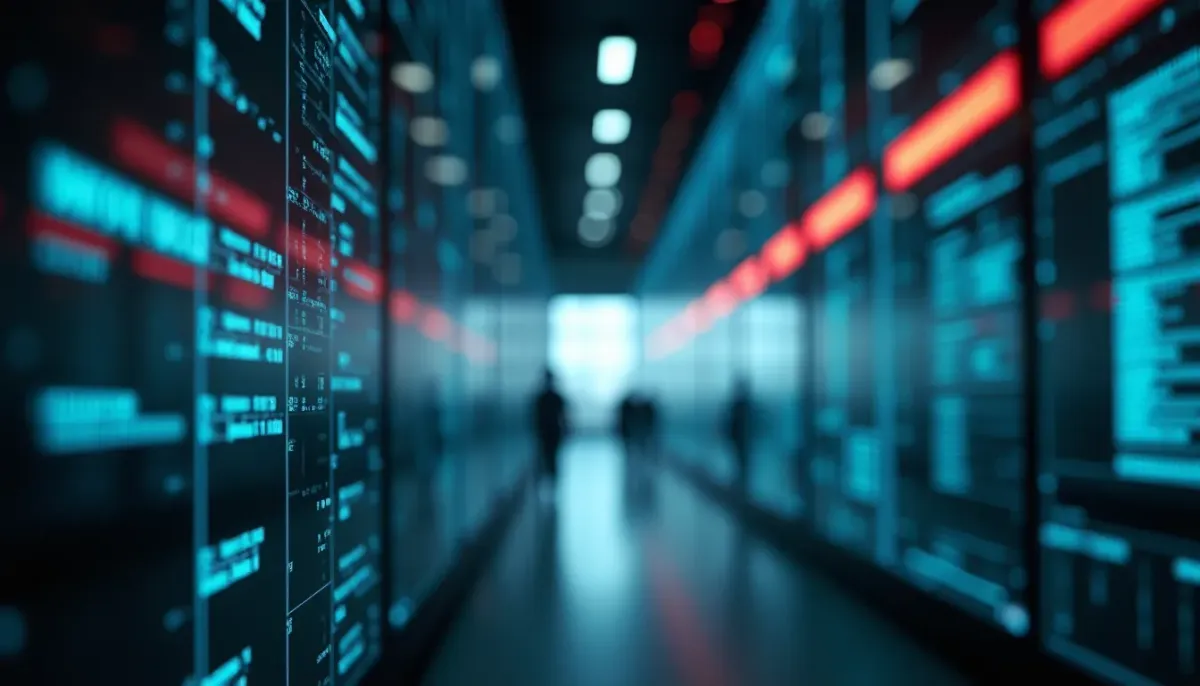 A high-contrast, moody photograph of a business owner standing before a massive, intricate wall made of tangled wires and glowing glass panels, looking exhausted but determined.