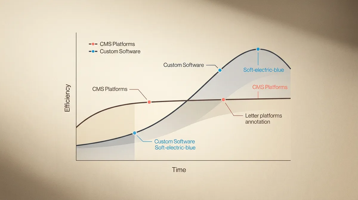 A graph showing the efficiency curves of CMS platforms versus custom software over time