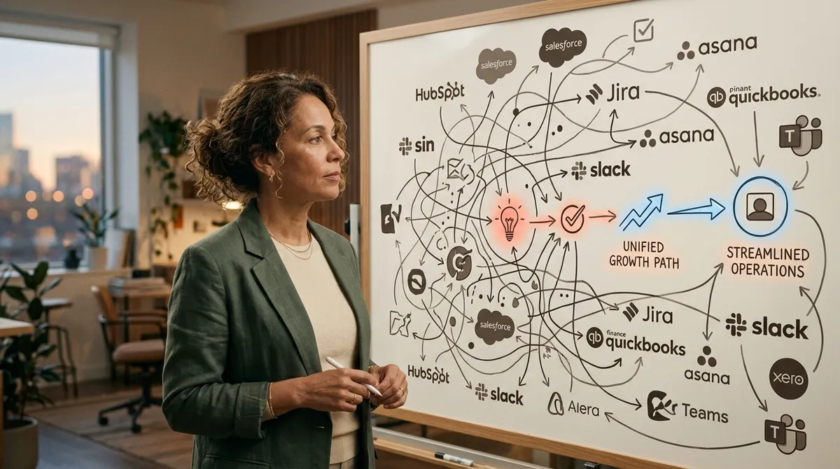 A cinematic photo of a small business owner looking thoughtfully at a complex, tangled web of different software logos on a whiteboard, with a single, clear path emerging.