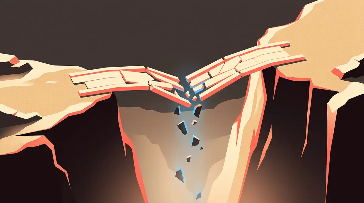 A high-contrast, minimalist digital art piece showing a fractured bridge between two cliffs, representing the disconnect between traditional agencies and business goals.