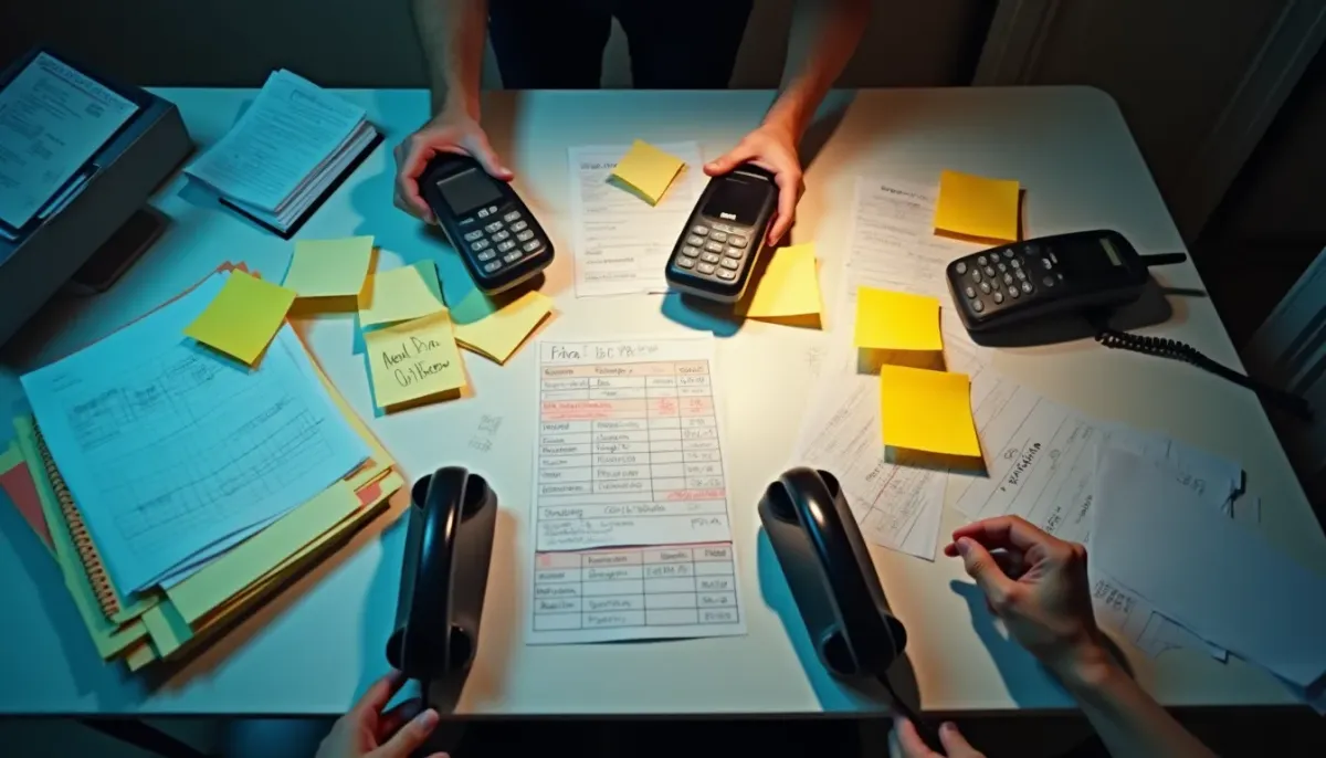 A chaotic overhead shot of a desk covered in sticky notes, spreadsheets, and three different phones ringing simultaneously