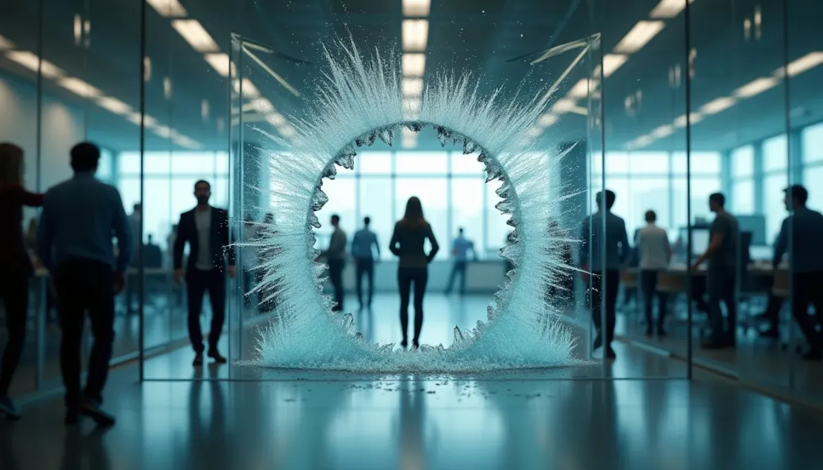 A conceptual 3D render of a glass wall shattering as a small business tries to push through it into a larger, more organized space