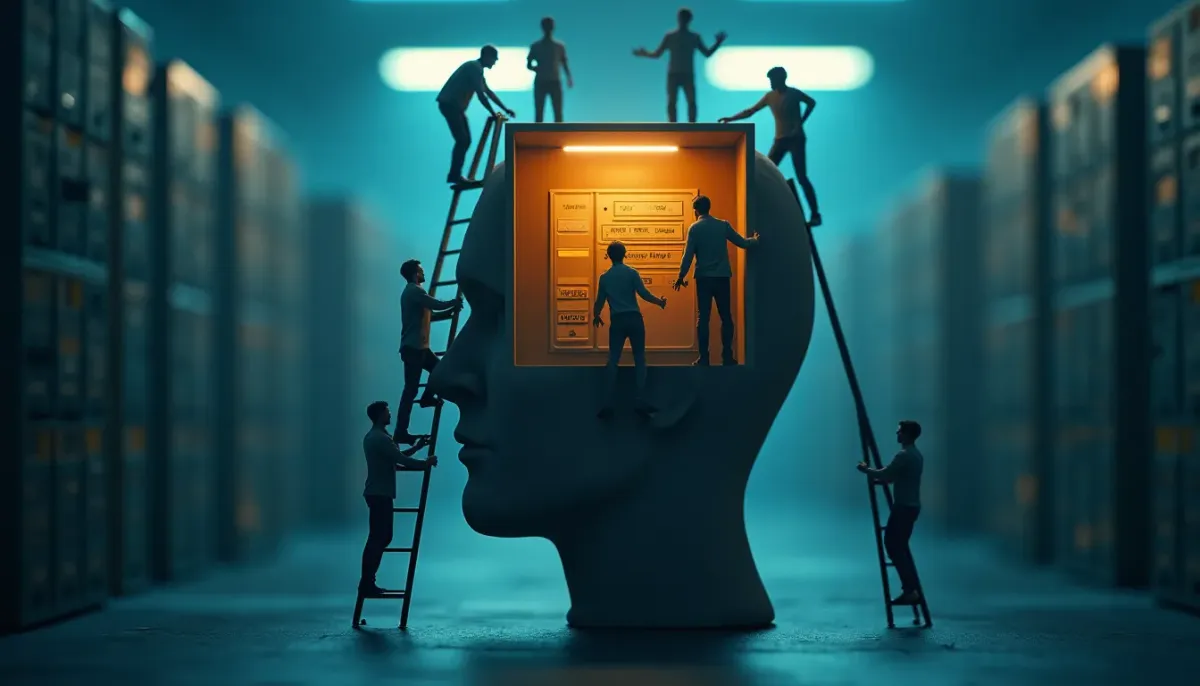 A digital illustration of a founder's head opening up like a filing cabinet, with tiny employees climbing ladders to reach inside and pull out folders labeled 'How to do my job'