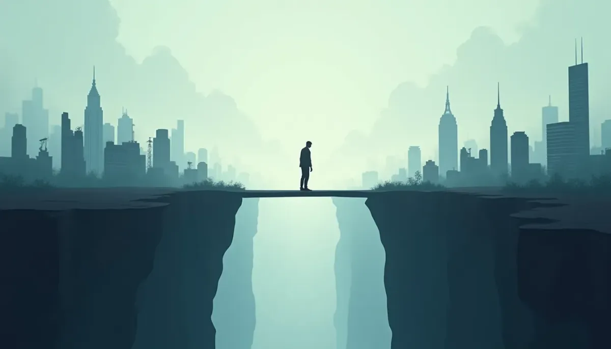 A minimalist illustration of a founder acting as a literal human bridge between two cliffs, straining under the weight of a small city on their back