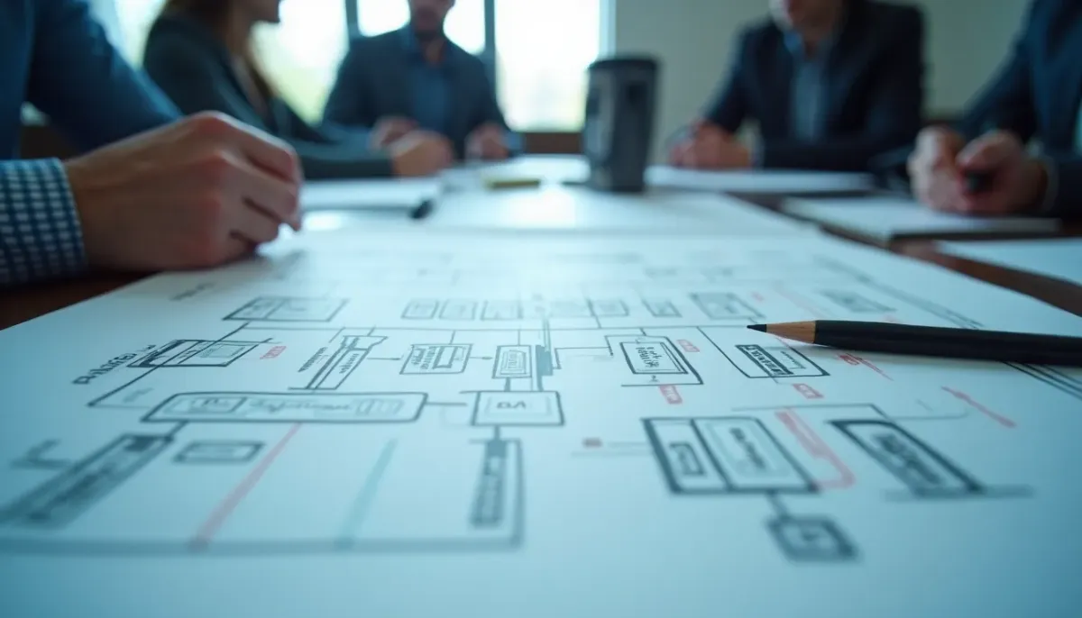 A clean, architectural blueprint of a business workflow transitioning from messy sketches to precise digital lines, representing the externalization of business logic into a scalable system