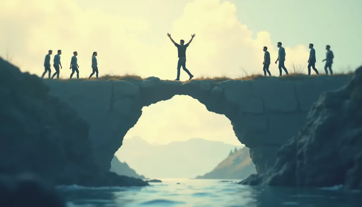 A minimalist illustration of a founder holding up a crumbling stone bridge with their bare hands while teams walk across it, symbolizing the weight of manual operations in a growing company