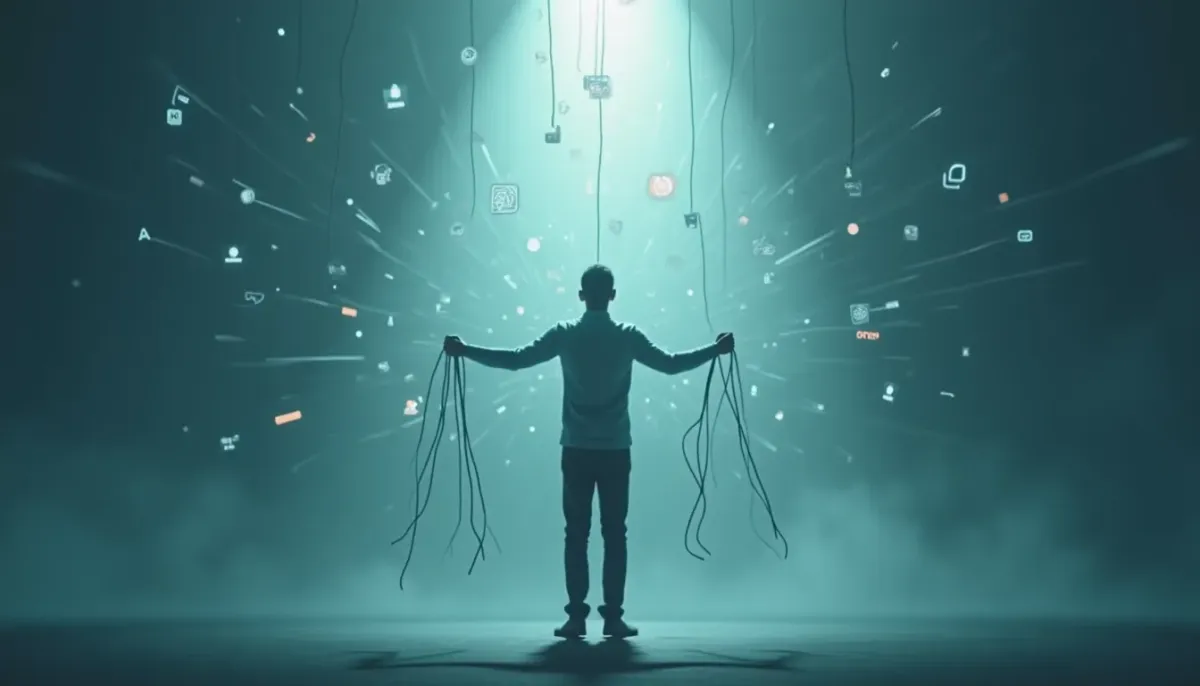 A minimalist illustration of a founder pulling a dozen strings attached to different floating icons, looking strained and tangled in a web of manual processes.