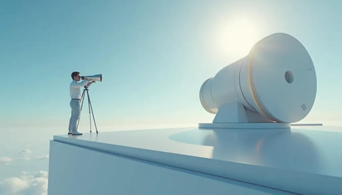 A minimalist illustration of a founder standing on a clean, elevated platform looking through a telescope, while a solid, automated engine hums quietly beneath them.