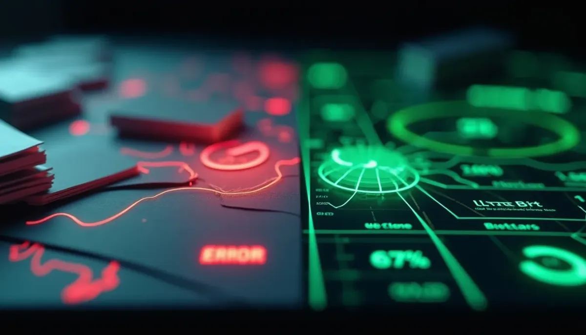 A split-screen graphic: one side shows a chaotic pile of spreadsheets with red "error" icons, the other shows a streamlined, glowing digital dashboard with green "success" indicators.