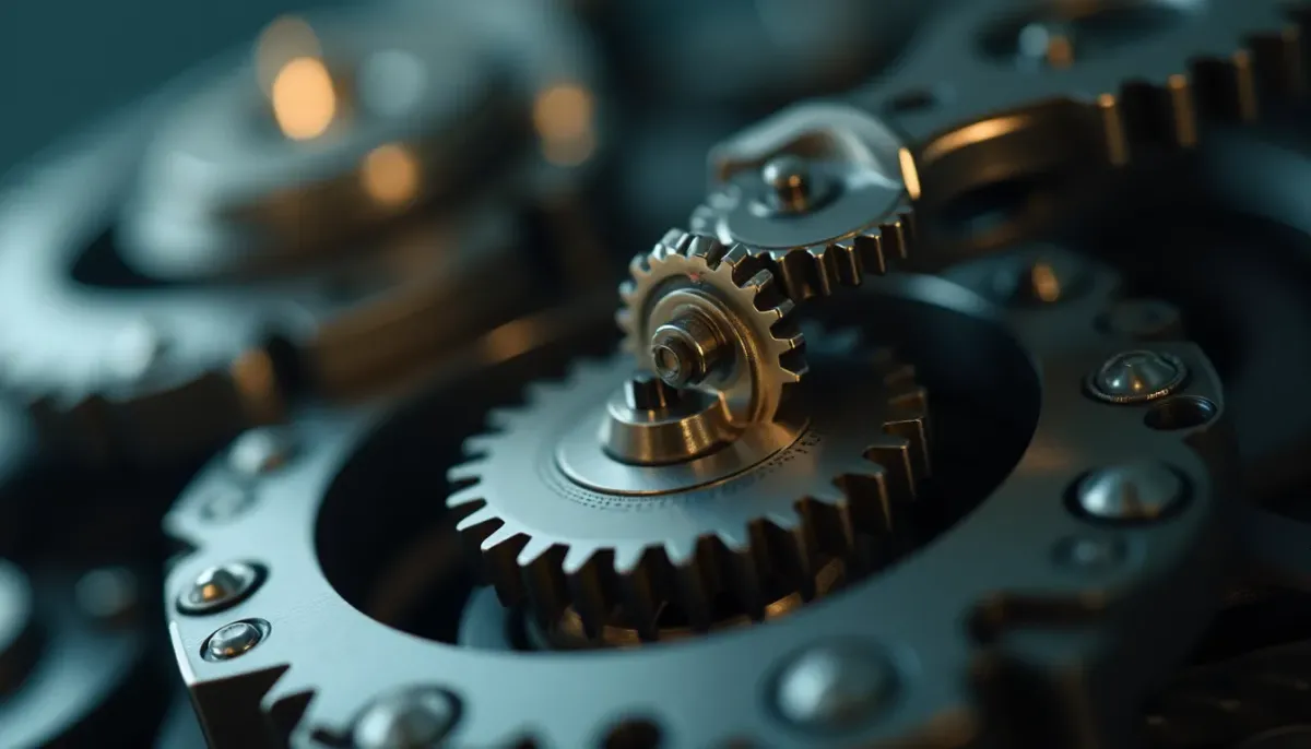 A close-up of a single, perfectly machined gear being placed into a larger, waiting clockwork mechanism.