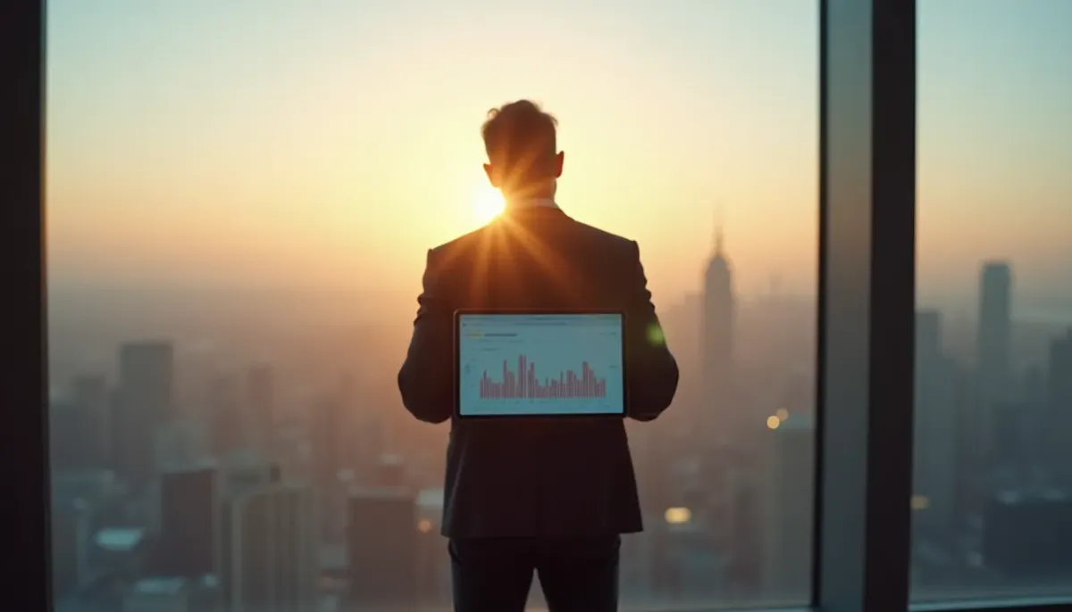A founder standing in front of a large window, looking at a horizon, with a tablet showing a simplified dashboard of their thriving business.