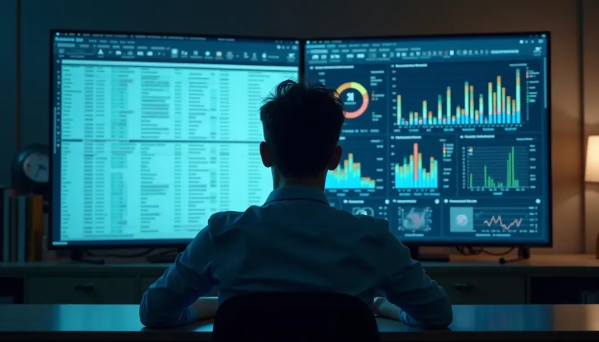 A split screen showing a person drowning in spreadsheets on one side and a streamlined automated dashboard on the other.
