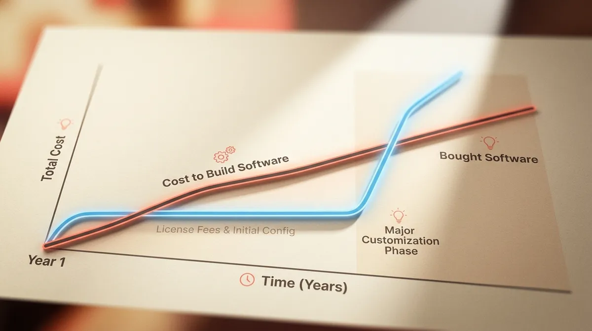 A clean chart/diagram illustrating two diverging cost lines over time: one flat then sharply rising (bought software with customization), one steadily rising (built software).