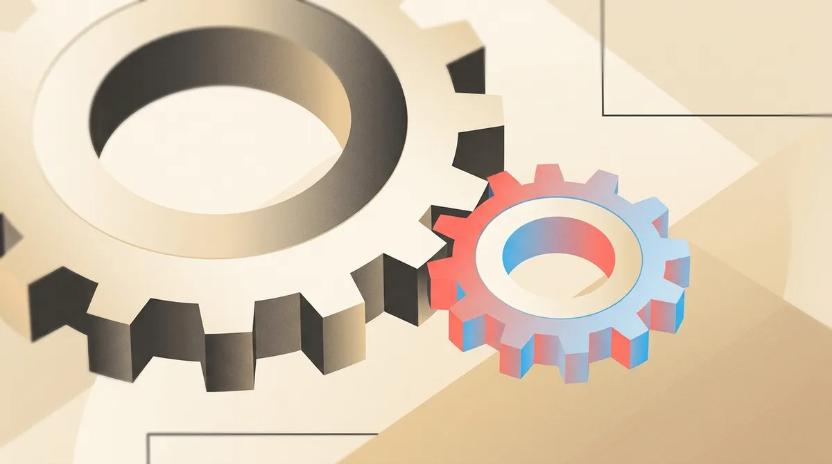 A minimal editorial illustration of a perfectly fitting gear meshing smoothly with another, symbolizing custom software integration with business processes.
