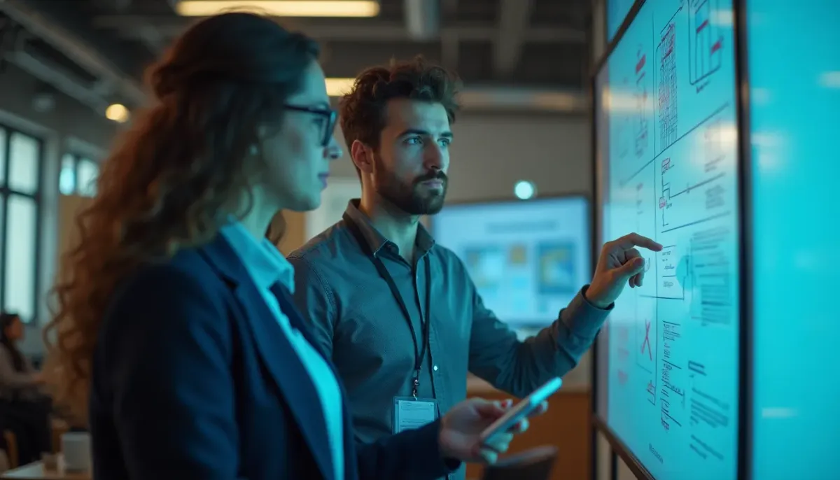 A collaborative scene of a developer and a business owner looking at a whiteboard together, symbolizing the partnership model of iterative design and shared goals.