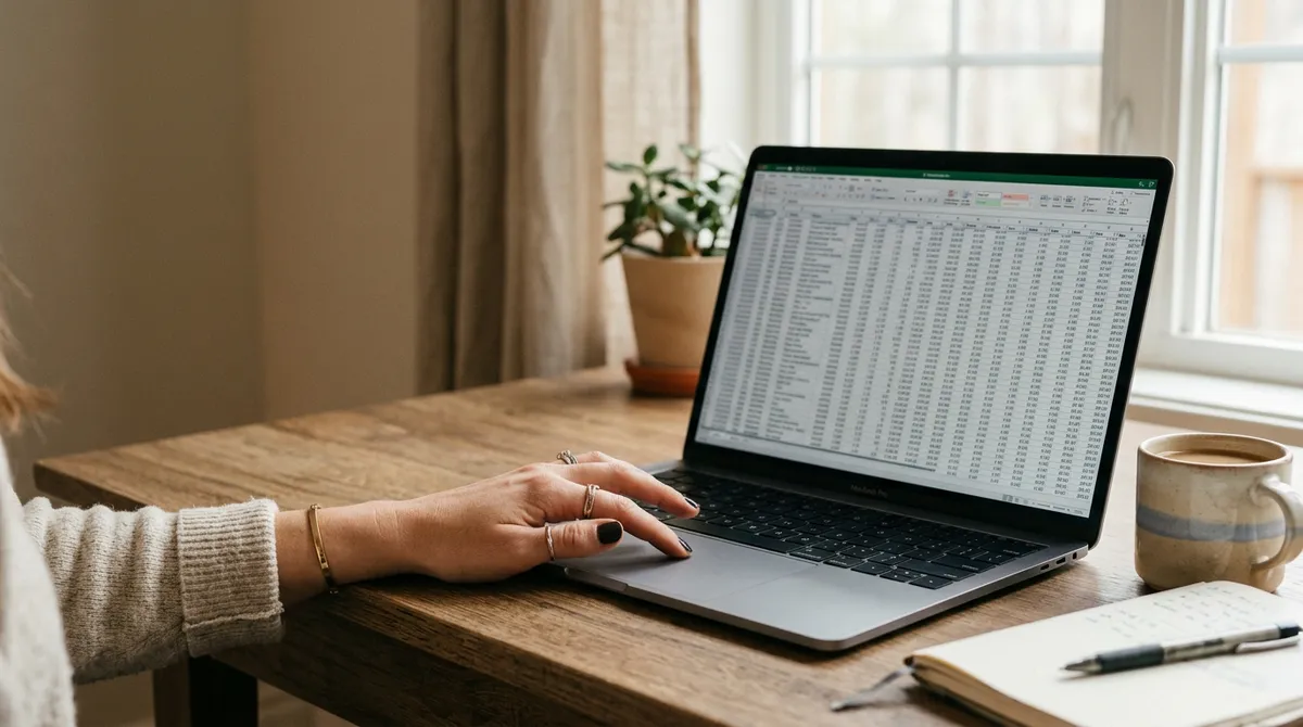 A close-up of a hand scrolling through a very long, dense spreadsheet on a laptop screen, with many columns and rows visible. The screen is slightly blurred to emphasize the overwhelming amount of data.