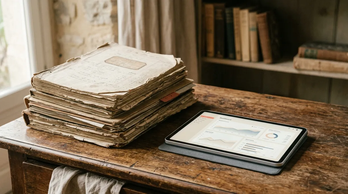 A stack of old, worn-out paper ledgers and file folders, slightly dusty, contrasting with a sleek, modern tablet displaying a clean digital dashboard.