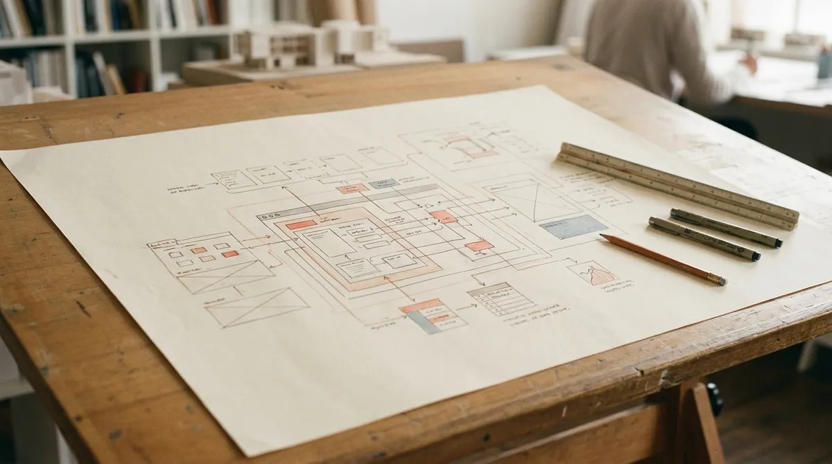 An architectural blueprint or wireframe sketch of a complex software system laid out on a large drafting table, with various notes and annotations.