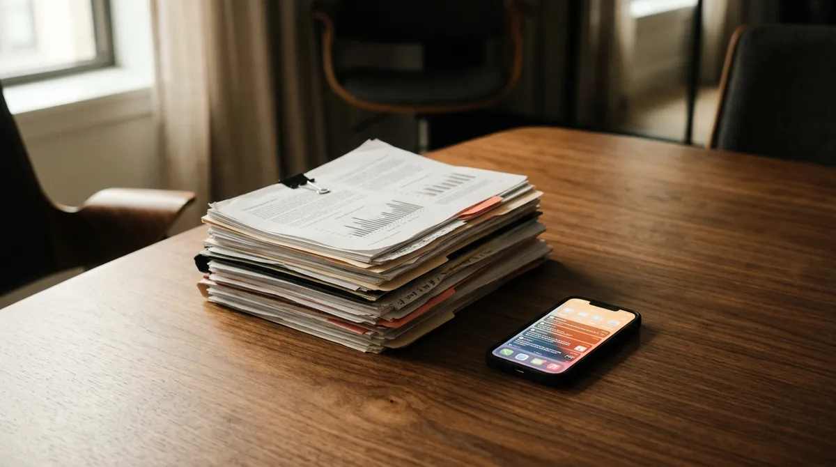 A stack of business reports and a single, glowing smartphone screen on a polished conference table, suggesting information overload.