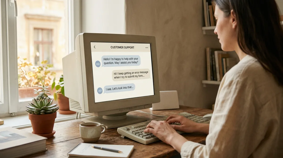 A detailed shot of a customer service chat interface on a computer screen, with a subtle AI assistant icon visible.