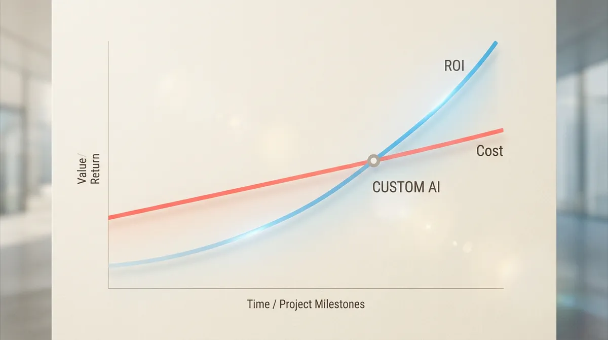 A clean chart/diagram showing a clear upward trend line for 'ROI' intersecting with a 'Cost' line, with 'Custom AI' labeled at the intersection point, suggesting a calculated investment.
