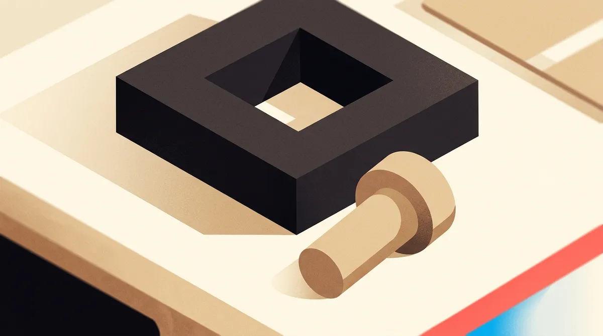 A minimal editorial illustration of a square peg being forced into a round hole, representing the mismatch of generic AI solutions to specific business needs.