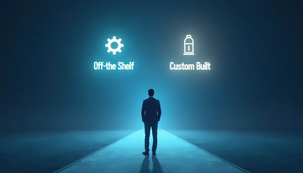 A minimalist illustration of a business owner looking at two paths: one labeled 'Off-the-Shelf' and the other 'Custom Built', symbolizing the strategic choice between generic tools and owned assets.