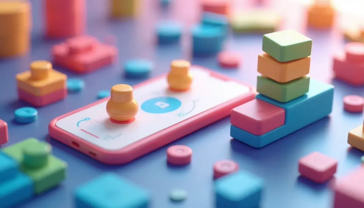 A bright, optimistic 3D isometric view of a simple app being built with colorful building blocks, representing the initial ease of low-code development.