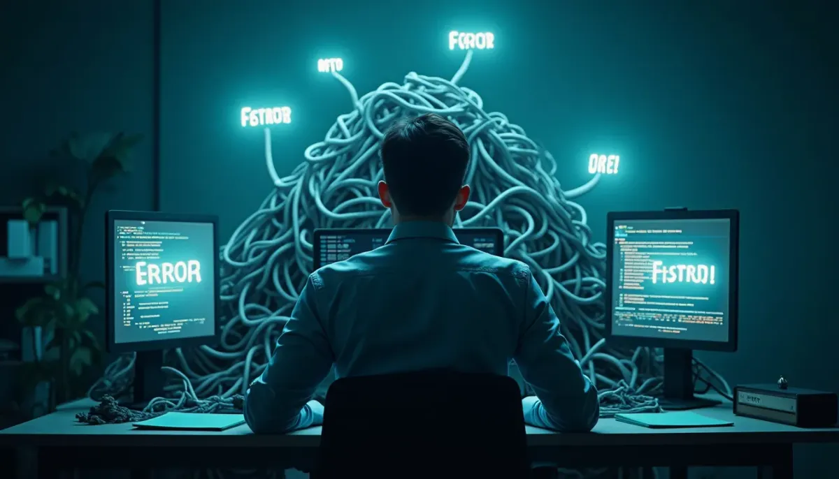 A minimalist illustration of a frustrated business owner sitting at a desk, surrounded by a mountain of tangled ethernet cables and glowing "Error" screens, symbolizing the weight of technical debt.