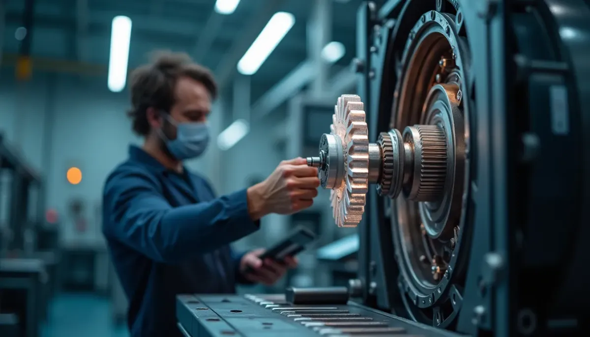 A professional developer in a clean, modern workshop replacing a translucent plastic gear with a precision-engineered steel gear inside a complex, high-performance machine.