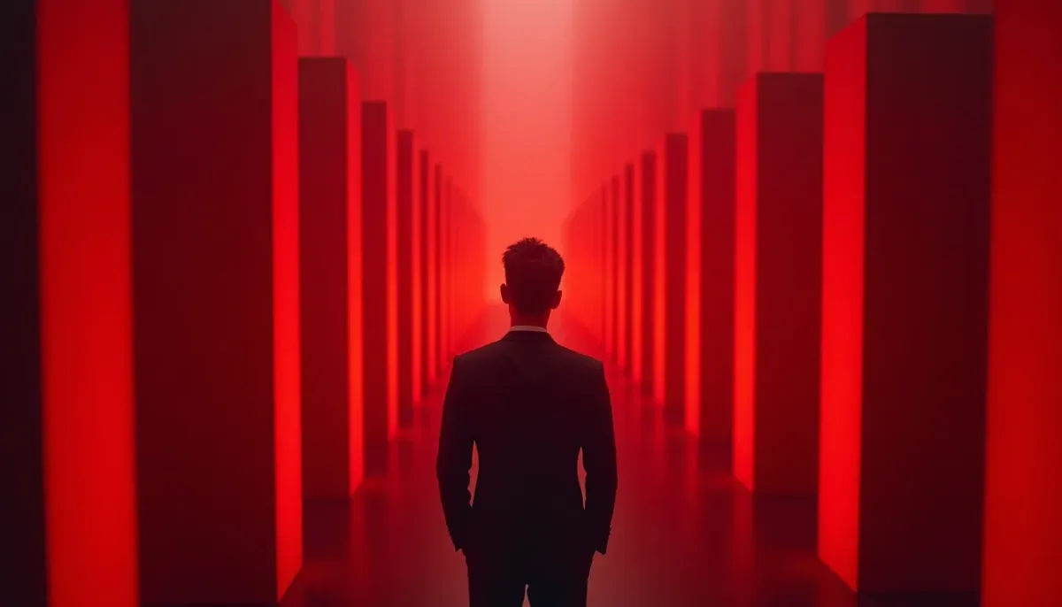 A businessman trapped in a maze of rigid, glowing red walls representing a fixed-scope contract.