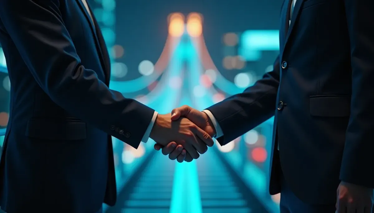 A handshake between a developer and a business owner, with a digital bridge forming in the background.