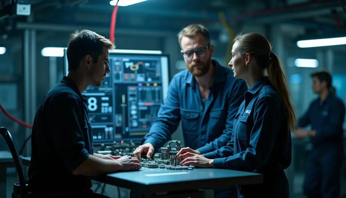 A team of engineers looking at a dashboard, proactively adjusting gears in a complex machine.