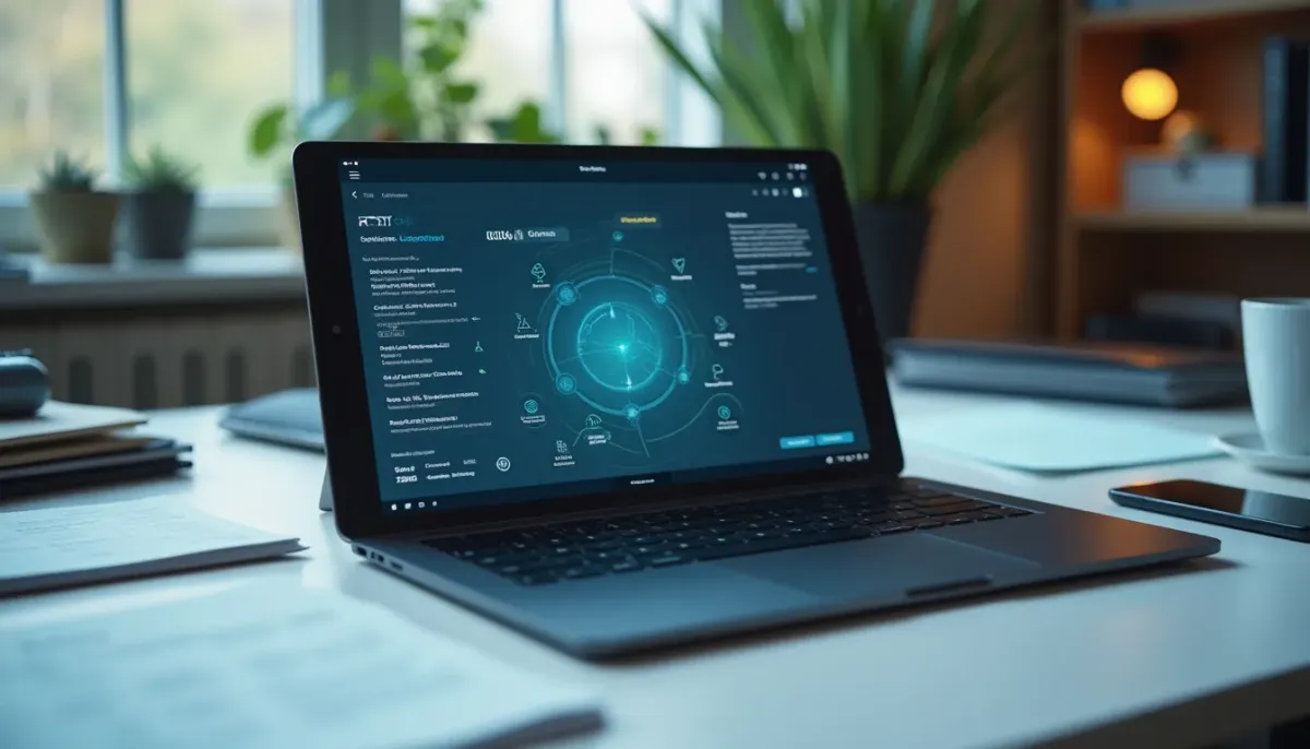 A clean, organized digital interface on a tablet sitting on a minimalist desk, replacing a cluttered physical workspace filled with paper and folders.