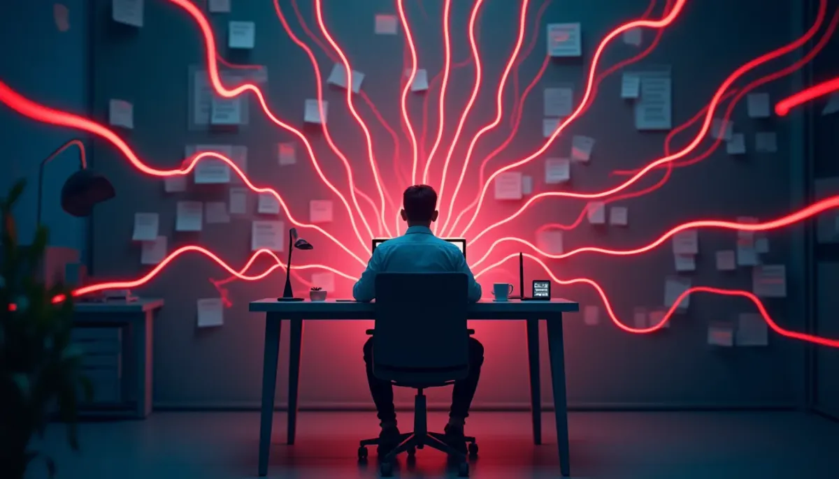 A minimalist illustration of a founder sitting at a desk, physically tethered by dozens of red glowing lines to various spreadsheets and sticky notes, symbolizing the "Founder Bottleneck" in a manual scaling environment.