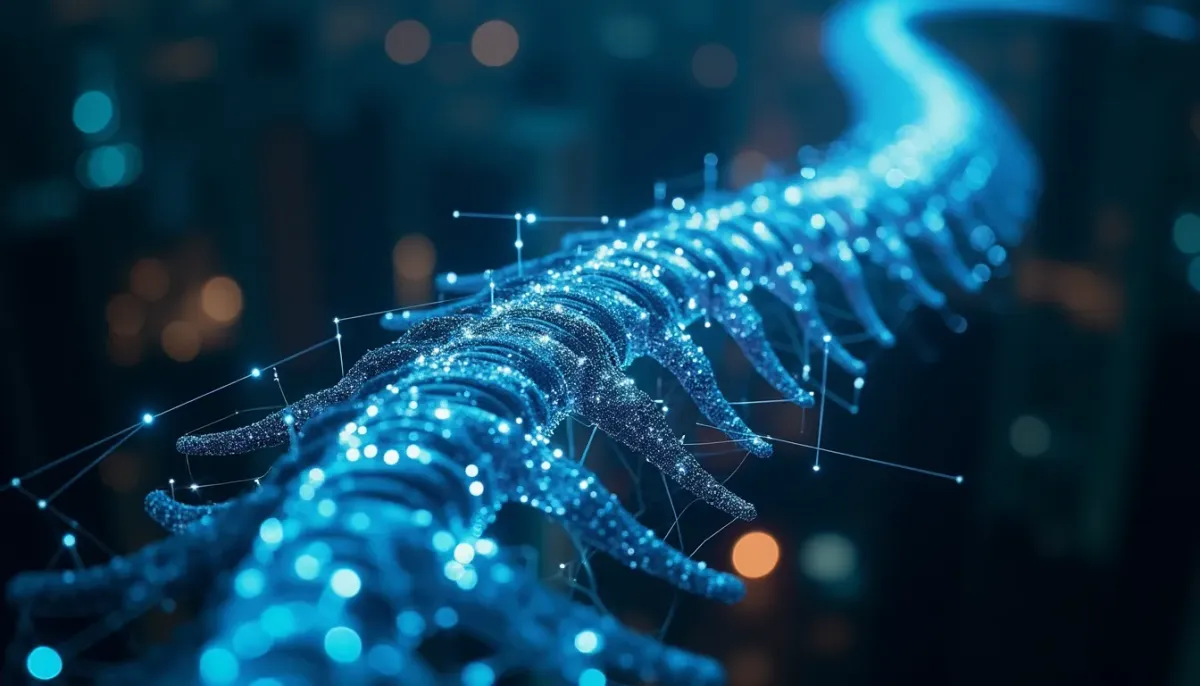 A sleek, glowing digital spine made of interconnected data nodes supporting a complex architectural structure, representing software as the permanent backbone of a business.