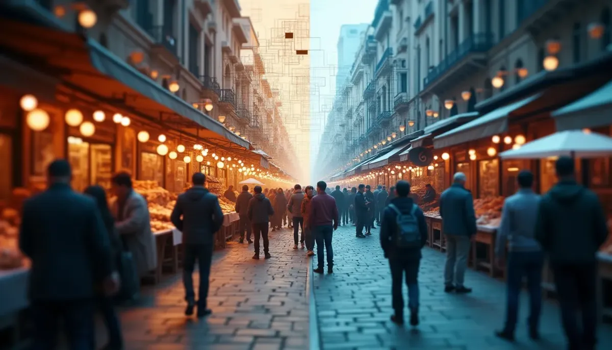 a split image showing a chaotic crowded open-air bazaar on one side symbolizing disorganized freelance marketplaces, versus a clean organized architectural blueprint on the other symbolizing structured development planning